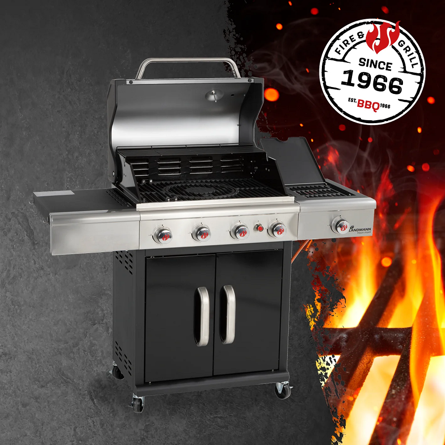 Gratar pe gaz si carbune LANDMANN Triton 4.1 Gas-To-Coal 04585, suprafata de gatit din fonta/otel inoxidabil, 4 arzatoare gaz, 3.5 kW, 125 x 57 x 120 cm