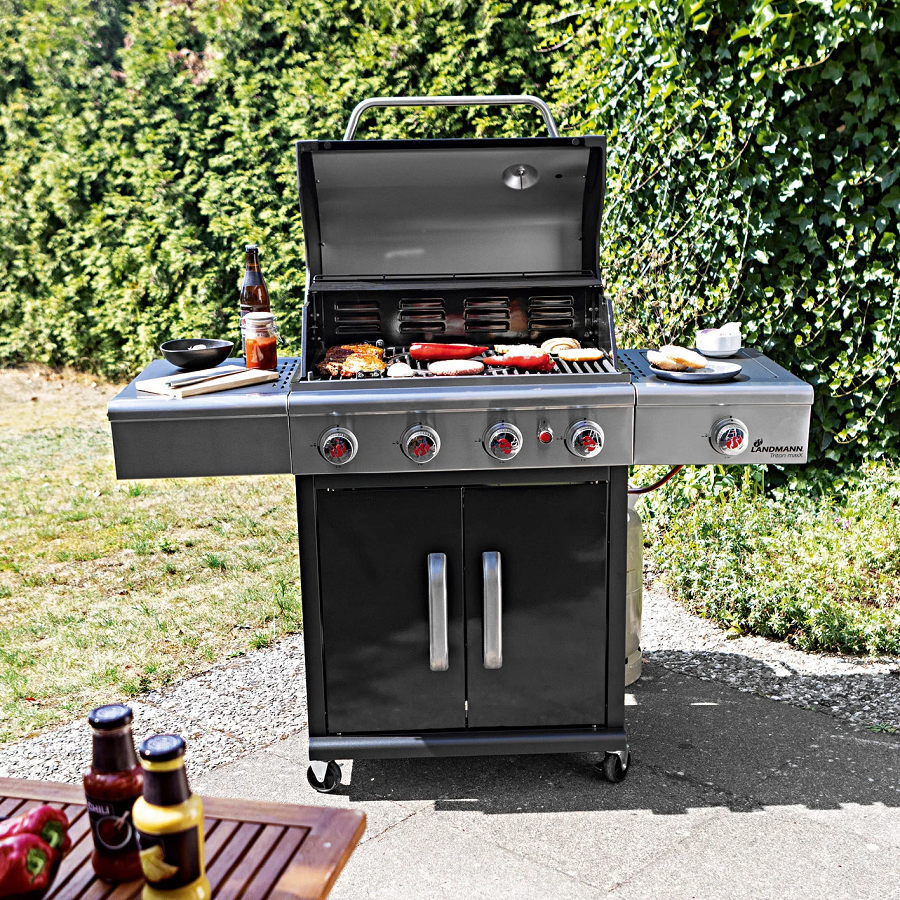 Gratar pe gaz si carbune LANDMANN Triton 4.1 Gas-To-Coal 04585, suprafata de gatit din fonta/otel inoxidabil, 4 arzatoare gaz, 3.5 kW, 125 x 57 x 120 cm