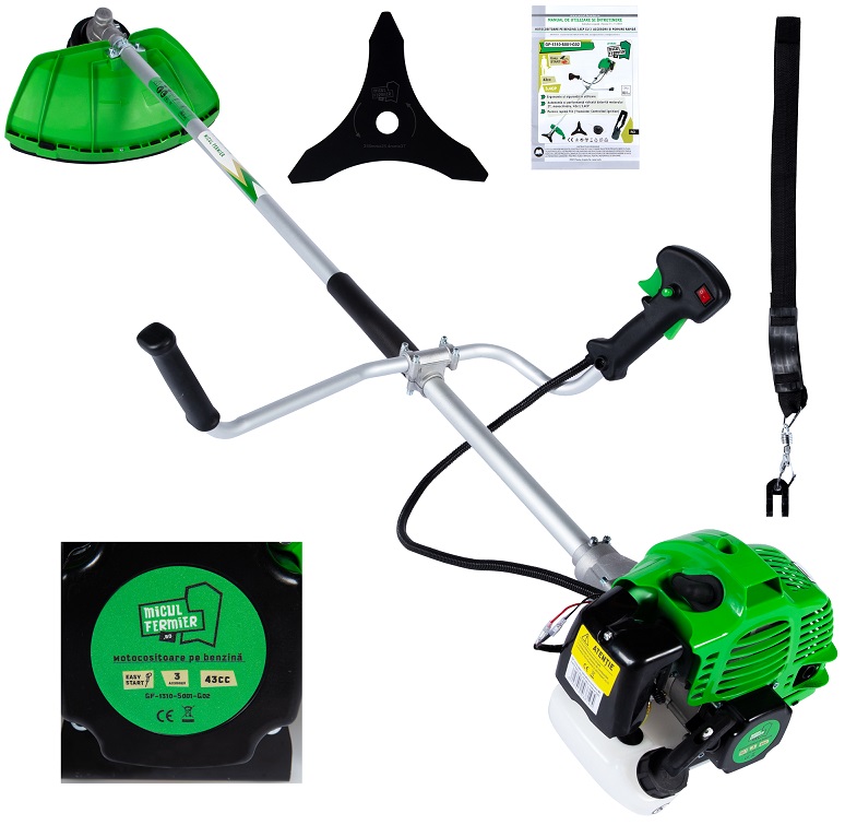 Motocositoare pe benzina MICUL FERMIER GF-1310-S001-G02, motor 2T, 43 CC, 3.4 CP, taiere cu fir 42 cm, cu disc 3 taisuri, tambur fir, curea, bidon