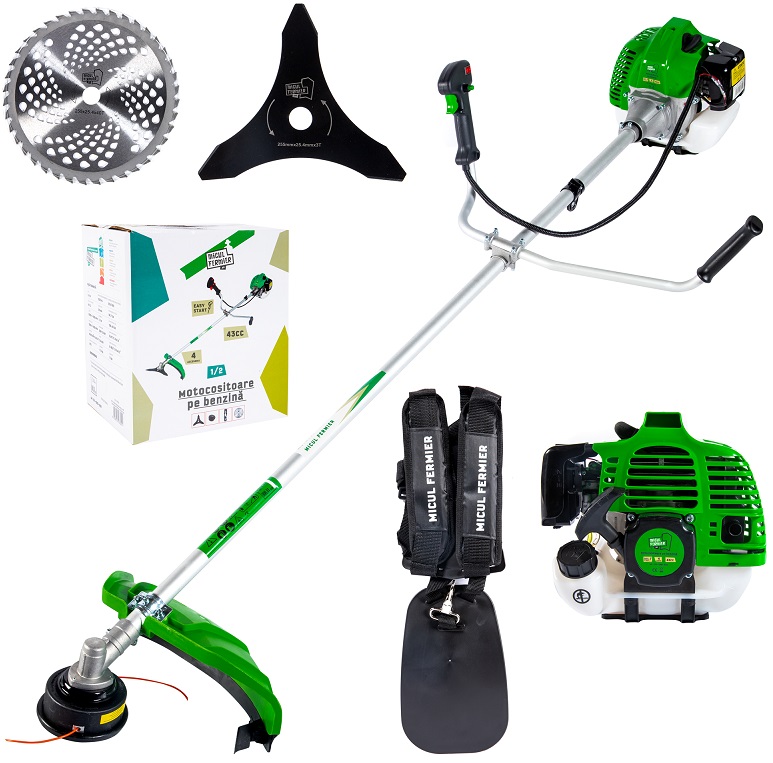Motocositoare pe benzina MICUL FERMIER GF-1311-S001-G02, motor 2T, 43 CC, 3.4 CP, taiere cu fir 42 cm, disc 3 dinti, disc vidia, tambur fir, ham, bidon