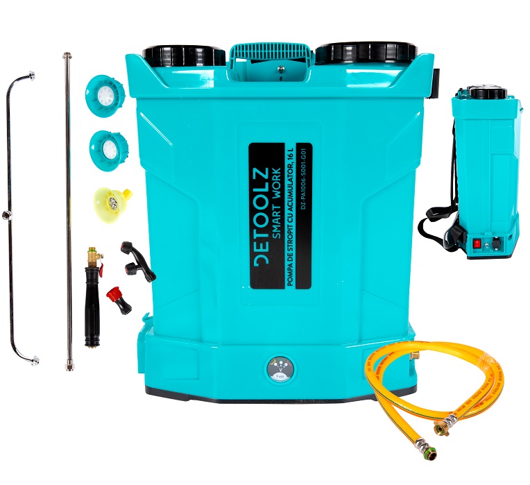 Pompa de stropit cu acumulator DETOOLZ DZ-PA1006-S001-G01, 8 Ah, volum rezervor 16 litri, debit 2.6 l/min, presiune 5.5 bar, tija 56-97 cm
