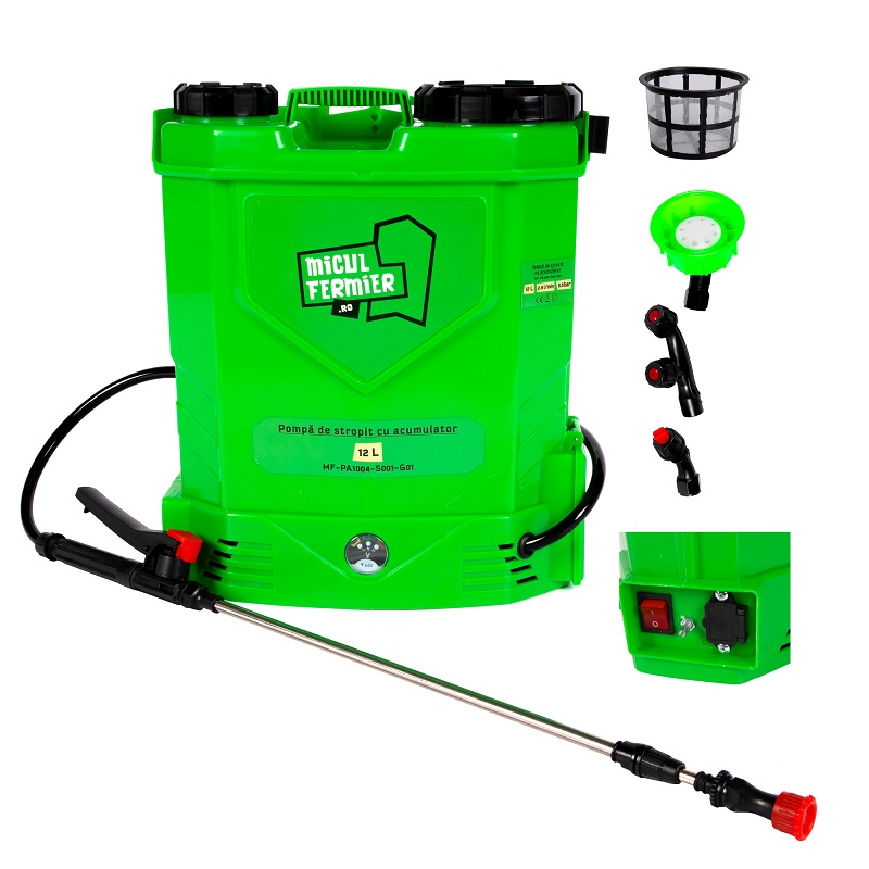 Pompa de stropit cu acumulator MICUL FERMIER MF-PA1004-S001-G01, 8 Ah, volum rezervor 12 litri, debit 2.9 l/min, presiune 5.5 bar, tija 45-77cm