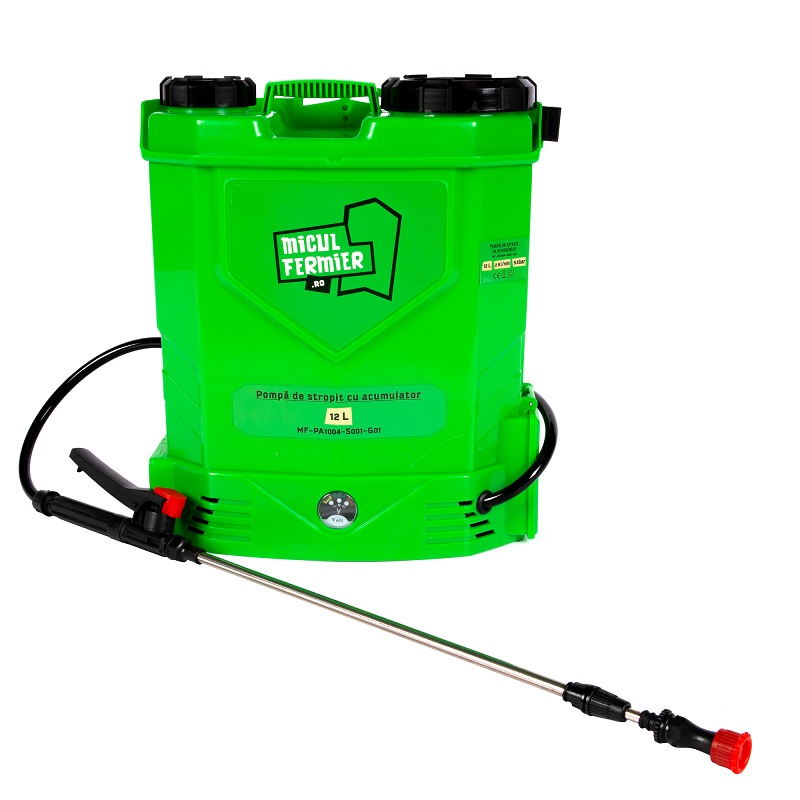 Pompa de stropit cu acumulator MICUL FERMIER MF-PA1004-S001-G01, 8 Ah, volum rezervor 12 litri, debit 2.9 l/min, presiune 5.5 bar, tija 45-77cm