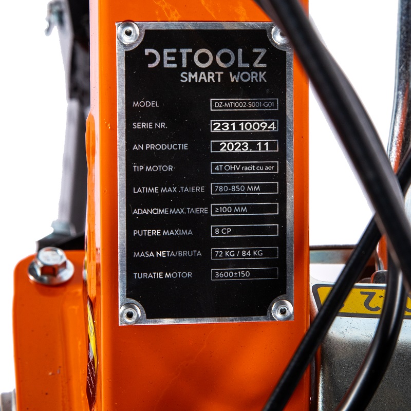 Motocultor DETOOLZ DZ-MT1002-S001-G01, motor benzina 4T, 212 CC, 8 CP, 3 viteze, latime lucru 85 cm, adancime lucru 29 cm, pornire manuala, fara roti