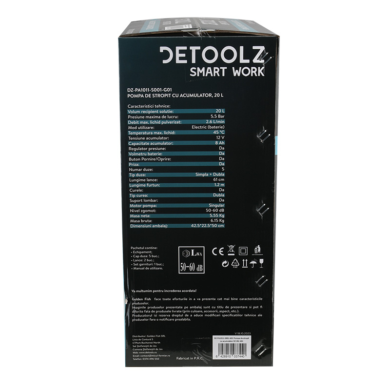 Pompa de stropit cu acumulator DETOOLZ DZ-PA1011-S001-G01, 8 Ah, volum rezervor 20 litri, debit 2.6 l/min, presiune 5.5 bar, tija 56-97 cm
