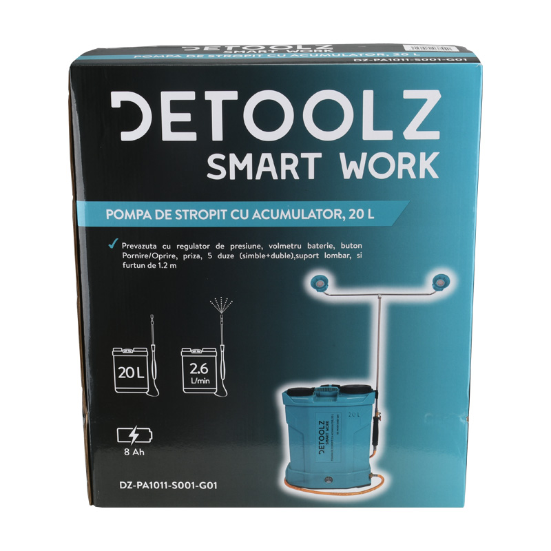 Pompa de stropit cu acumulator DETOOLZ DZ-PA1011-S001-G01, 8 Ah, volum rezervor 20 litri, debit 2.6 l/min, presiune 5.5 bar, tija 56-97 cm