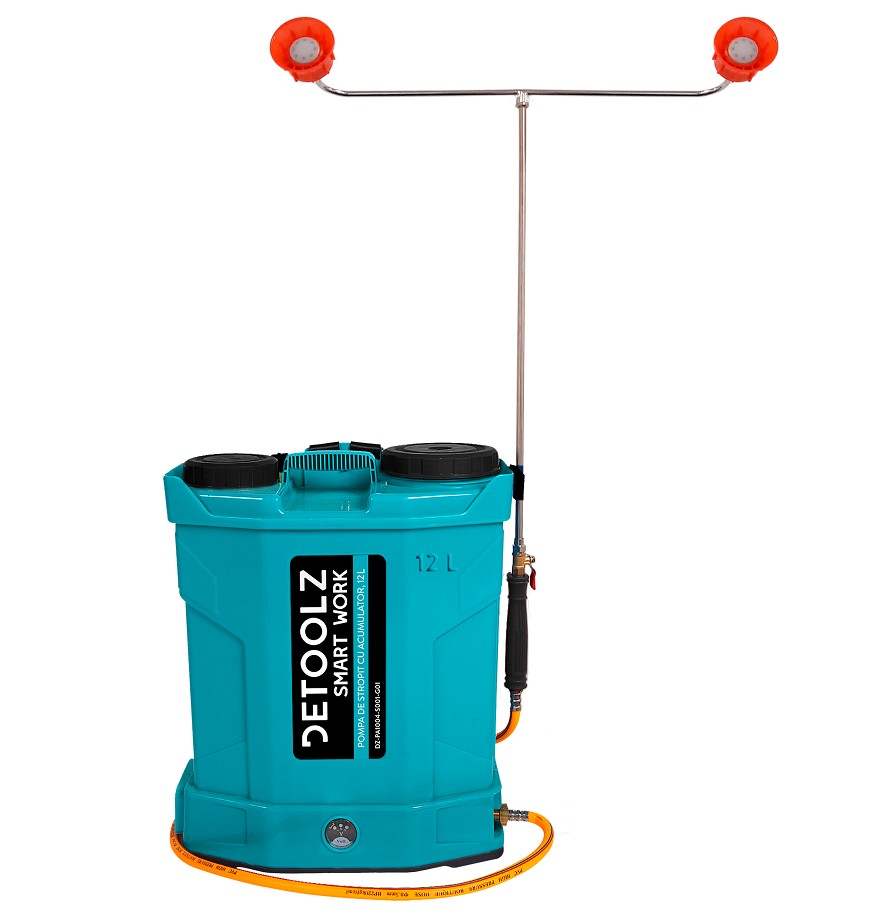 Pompa de stropit cu acumulator DETOOLZ DZ-PA1004-S001-G01, volum solutie 12 litri, debit 2.6 l/min, lance 61 cm, presiune 5.5 bar, acumulator 8 Ah