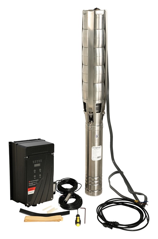 Kit pompa submersibila multietajata ProGARDEN Aqua SOLAR 4053 + 14 panouri SP460M-72H, 3 inch, 3000W/300V, MPPT, 660 L/min, inaltime 45 m, apa curata