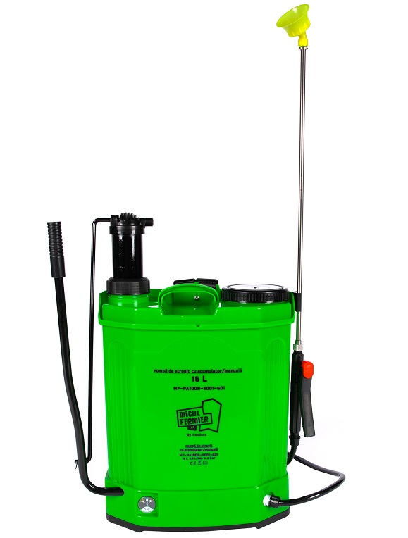 Pompa de stropit 2 in 1 MICUL FERMIER Pandora MF-PA1008-S001-G01, actionare acumulator 8 Ah si manuala, rezervor 16 litri, lance 58 cm, 5.5 bar
