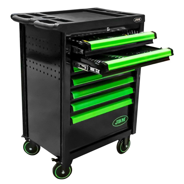 Dulap pentru scule JBM 53951, cu 7 sertare, verde, echipat cu scule si instrumente pentru sincronizare motoare, cu roti 5 inch