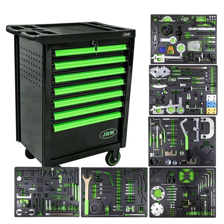 Dulap pentru scule JBM 53951, cu 7 sertare, verde, echipat cu scule si instrumente pentru sincronizare motoare, cu roti 5 inch