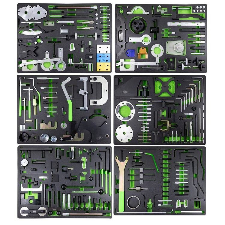 Dulap pentru scule JBM 53951, cu 7 sertare, verde, echipat cu scule si instrumente pentru sincronizare motoare, cu roti 5 inch