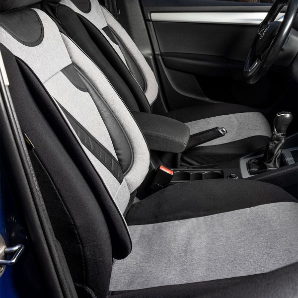 Set huse scaune auto universale UMBRELLA Nero 108820, gri/negru, material textil cu insertii piele ecologica, compatibile cu cu sistem AIRBAG