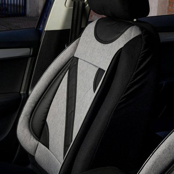 Set huse scaune auto universale UMBRELLA Nero 108820, gri/negru, material textil cu insertii piele ecologica, compatibile cu cu sistem AIRBAG