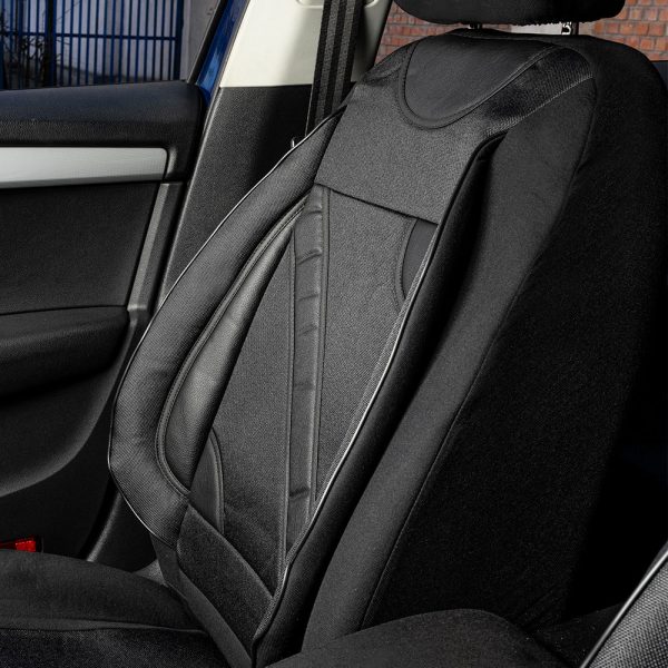 Set huse scaune auto universale UMBRELLA Nero 108817, negru, material textil cu insertii piele ecologica, compatibile cu cu sistem AIRBAG