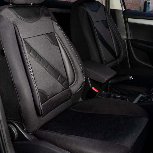 Set huse scaune auto universale UMBRELLA Nero 108817, negru, material textil cu insertii piele ecologica, compatibile cu cu sistem AIRBAG