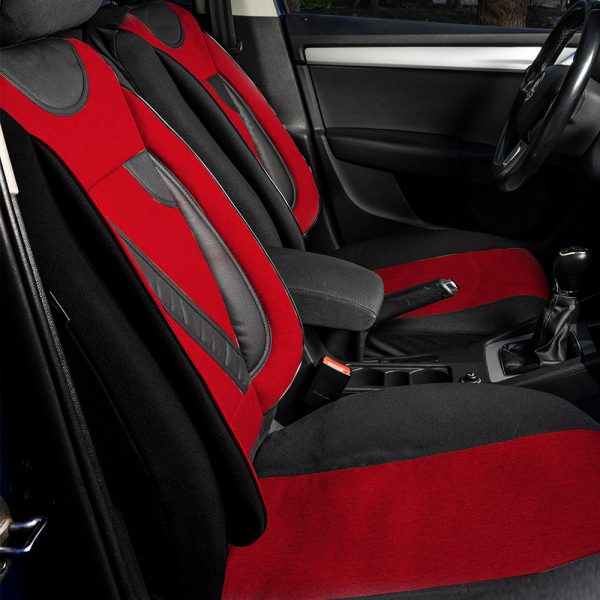 Set huse scaune auto universale UMBRELLA Nero 108819, rosu/negru, material textil cu insertii piele ecologica, compatibile cu cu sistem AIRBAG
