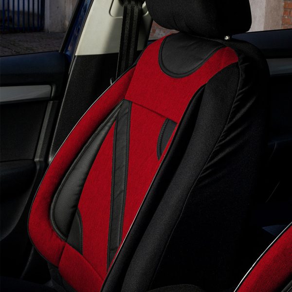 Set huse scaune auto universale UMBRELLA Nero 108819, rosu/negru, material textil cu insertii piele ecologica, compatibile cu cu sistem AIRBAG