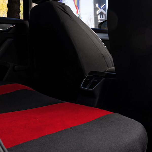Set huse scaune auto universale UMBRELLA Nero 108819, rosu/negru, material textil cu insertii piele ecologica, compatibile cu cu sistem AIRBAG