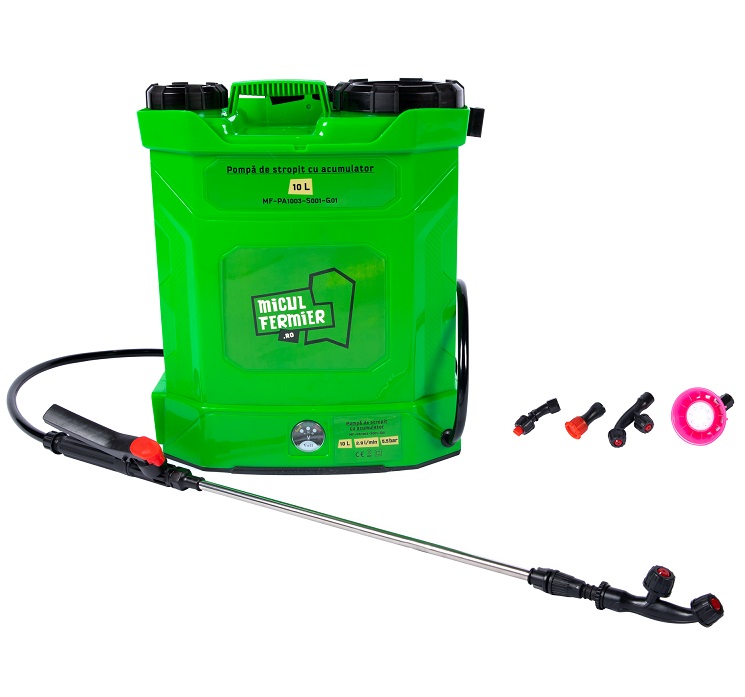 Pompa de stropit cu acumulator MICUL FERMIER MF-PA1003-S001-G01, volum solutie 10 litri, debit 2.9 l/min, lance 77 cm, presiune 5.5 bar, acumulator 8 Ah