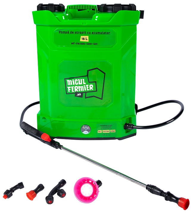 Pompa de stropit cu acumulator MICUL FERMIER MF-PA1006-S001-G01, volum solutie 16 litri, debit 2.9 l/min, lance 77 cm, presiune 5.5 bar, acumulator 8 Ah