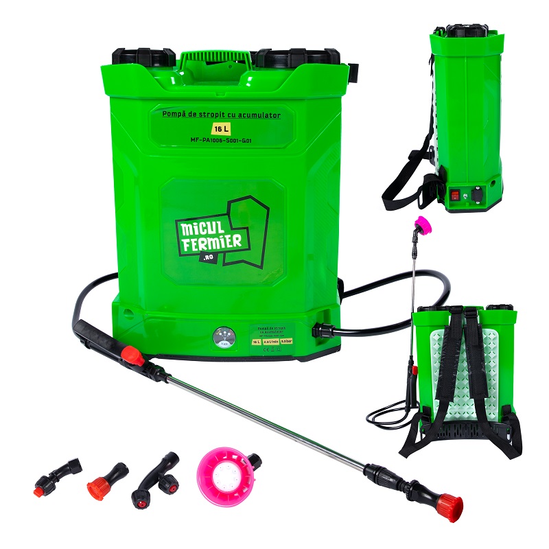 Pompa de stropit cu acumulator MICUL FERMIER MF-PA1006-S001-G01, volum solutie 16 litri, debit 2.9 l/min, lance 77 cm, presiune 5.5 bar, acumulator 8 Ah