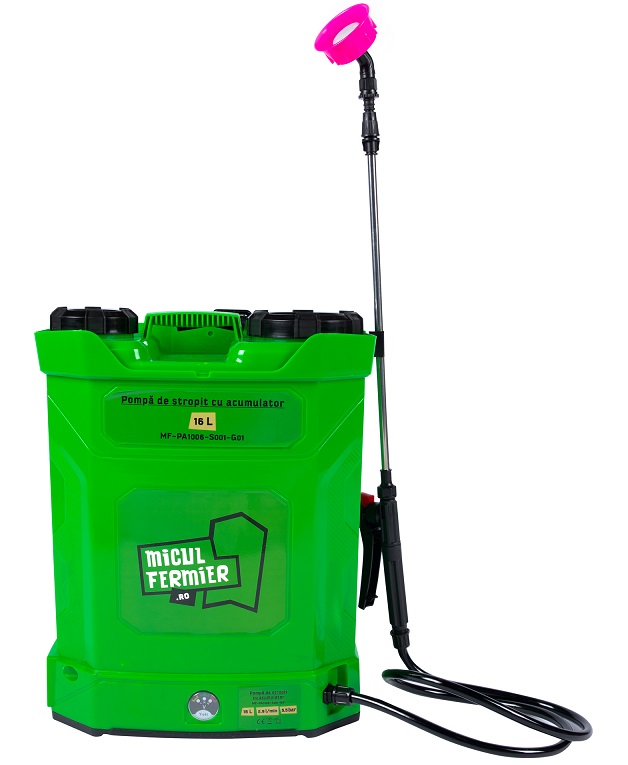 Pompa de stropit cu acumulator MICUL FERMIER MF-PA1006-S001-G01, volum solutie 16 litri, debit 2.9 l/min, lance 77 cm, presiune 5.5 bar, acumulator 8 Ah