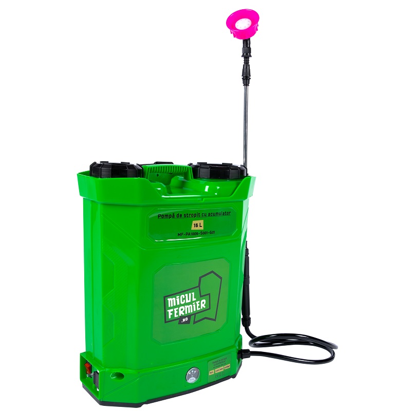 Pompa de stropit cu acumulator MICUL FERMIER MF-PA1006-S001-G01, volum solutie 16 litri, debit 2.9 l/min, lance 77 cm, presiune 5.5 bar, acumulator 8 Ah
