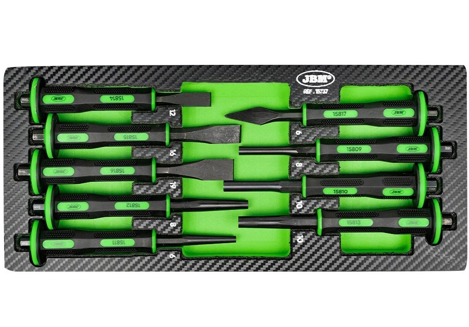 Set 9 dalti si poansoane JBM 15737, dalti 12x160, 16x175, 19x180 mm, 6x180 mm, poansoane 6x180, 8x180, 10x180 mm, 8x180, 10x180 mm
