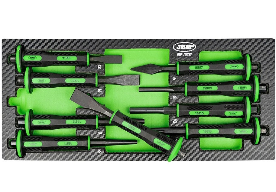 Set 9 dalti si poansoane JBM 15737, dalti 12x160, 16x175, 19x180 mm, 6x180 mm, poansoane 6x180, 8x180, 10x180 mm, 8x180, 10x180 mm