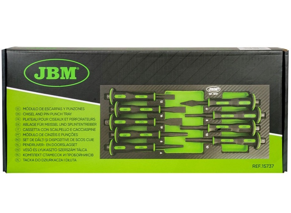 Set 9 dalti si poansoane JBM 15737, dalti 12x160, 16x175, 19x180 mm, 6x180 mm, poansoane 6x180, 8x180, 10x180 mm, 8x180, 10x180 mm