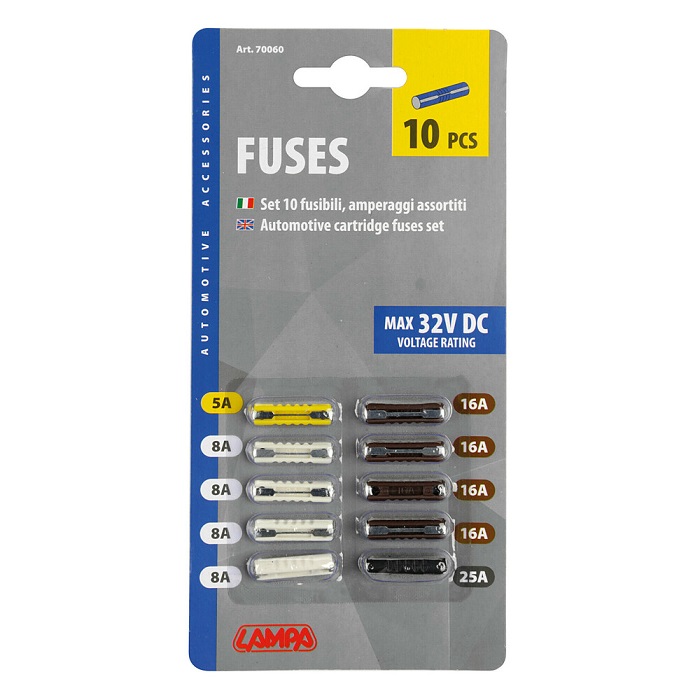 Set 10 sigurante auto LAMPA 70060, 12/32V, 1 x 5A, 4 x 8A, 4 x 16A, 1 x 25A