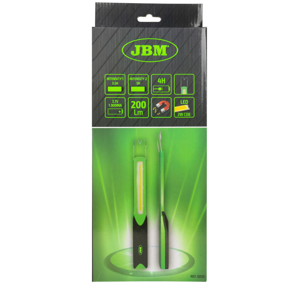 Lanterna portabila LED JBM 52536, 2W COB, 200 lm, acumulator Li-Ion reincarcabil 3.7 V, 1.900 mAh, 360 x 50 mm, cu carlig, incarcator