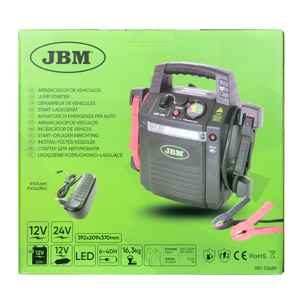 Redresor acumulatori auto JBM 53688, 12/24V, curent pornire 12 V 1500 A / 3000 A, 24 V 750 A / 1500 A, 392 x 209 x 370 mm