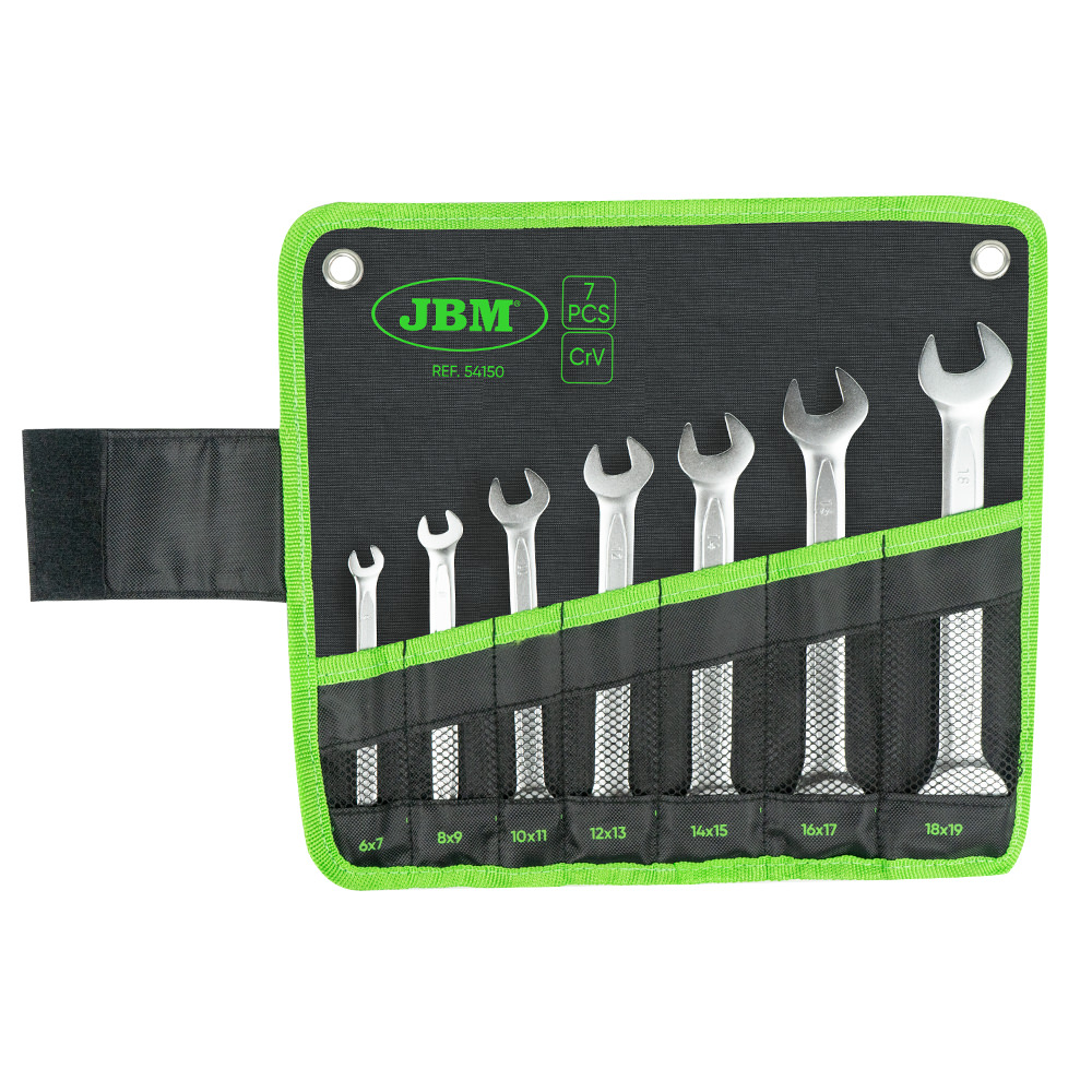 Set 7 chei duble fixe JBM 54150, 6x7, 8x9, 10x11, 12x13, 14x15, 16x17, 18x19 mm, crom vanadiu, husa depozitare
