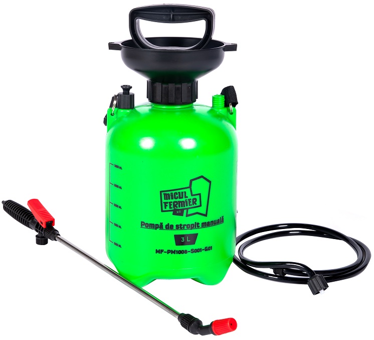 Pompa de stropit manuala MICUL FERMIER MF-PM1006-S001-G01, volum rezervor 3 litri, debit 1-2 l/min, 2 bar, furtun 1.3 m