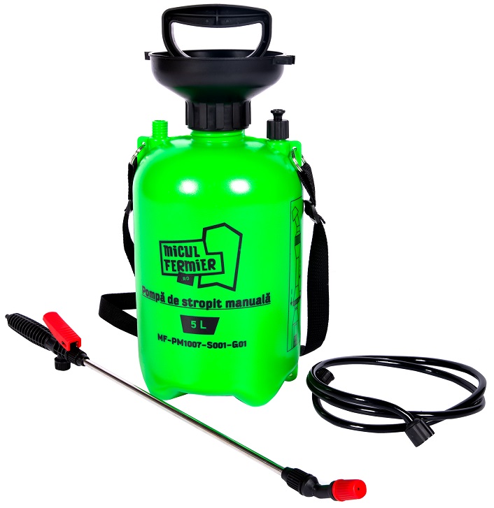 Pompa de stropit manuala MICUL FERMIER MF-PM1007-S001-G01, volum rezervor 5 litri, debit 2-2.5 l/min, 2.5 bar, furtun 1.3 m