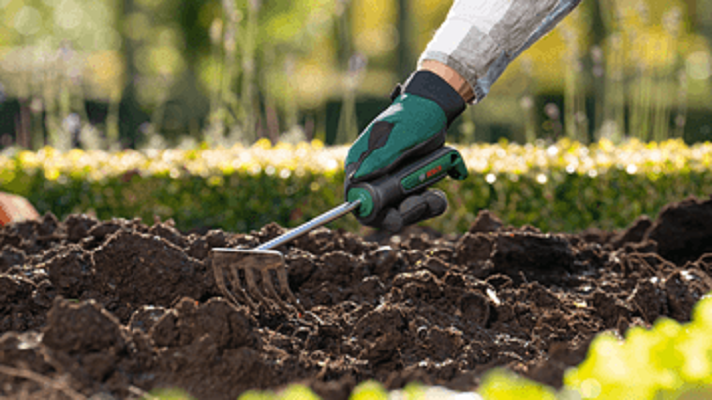 Grebla de mana pentru gradinarit BOSCH Garden Hand Rake L 06008B5700, 320 x 87 x 79 mm, din otel inoxidabil, maner TPR aderent