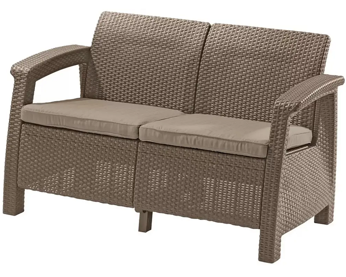 Canapea de gradina 2 locuri KETER Corfu II Love Seat 258974, cappuccino-crem, imitatie rattan, polipropilena, cu perne
