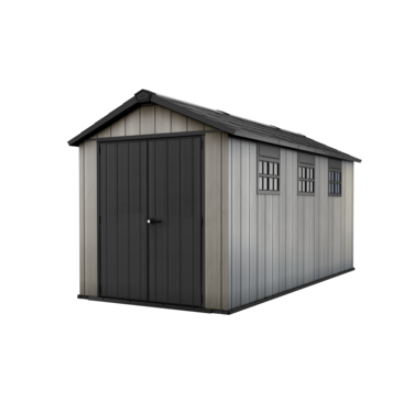 Casuta de gradina KETER Oakland 7515 252535, kit extensie, gri-maroniu, cu usa dubla, 3 ferestre, 230 x 475.8 x 242 cm, material Duotech