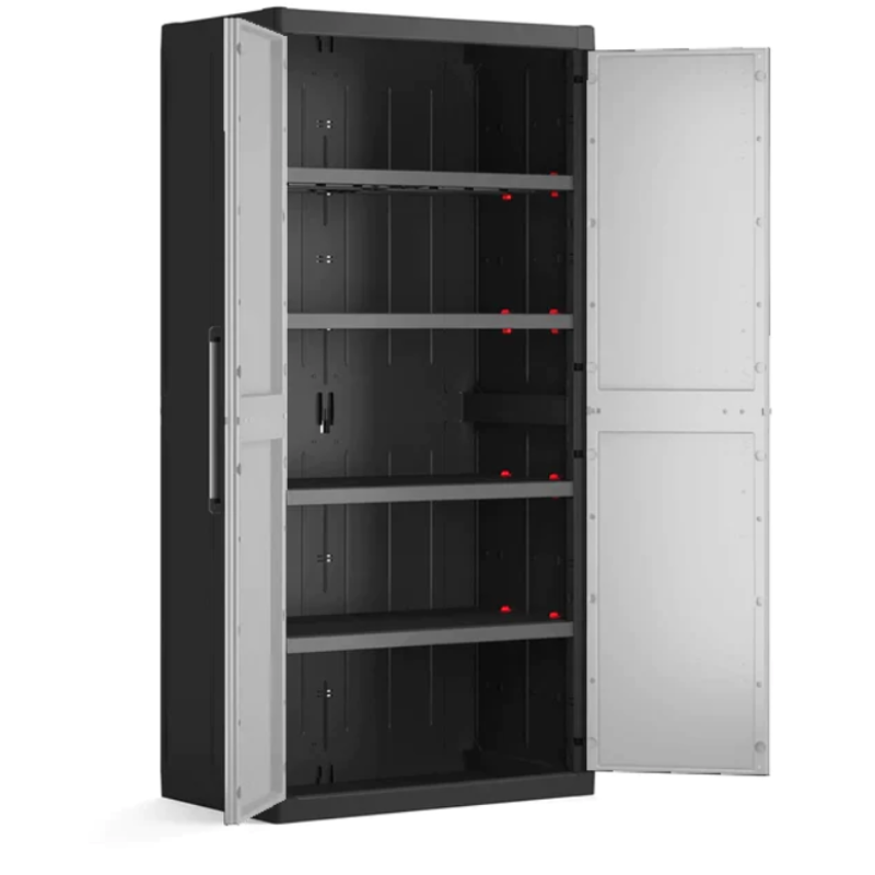 Dulap depozitare pentru exterior KETER Detroit Alto 96341000, negru-gri, din polipropilena, 65 x 45 x 182 cm, manere aluminiu, picioare reglabile