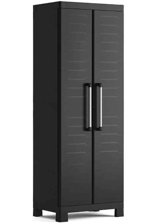 Dulap depozitare pentru exterior KETER Detroit Alto 9634100, negru, din polipropilena, 65 x 45 x 182 cm, manere aluminiu, 4 rafturi
