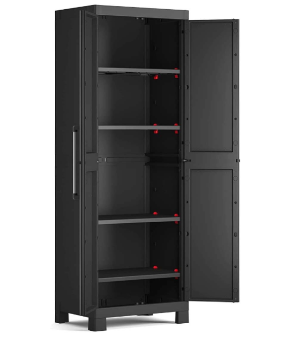 Dulap depozitare pentru exterior KETER Detroit Alto 9634100, negru, din polipropilena, 65 x 45 x 182 cm, manere aluminiu, 4 rafturi