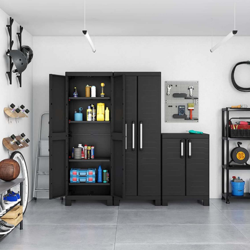 Dulap depozitare pentru exterior KETER Detroit Alto 9634100, negru, din polipropilena, 65 x 45 x 182 cm, manere aluminiu, 4 rafturi