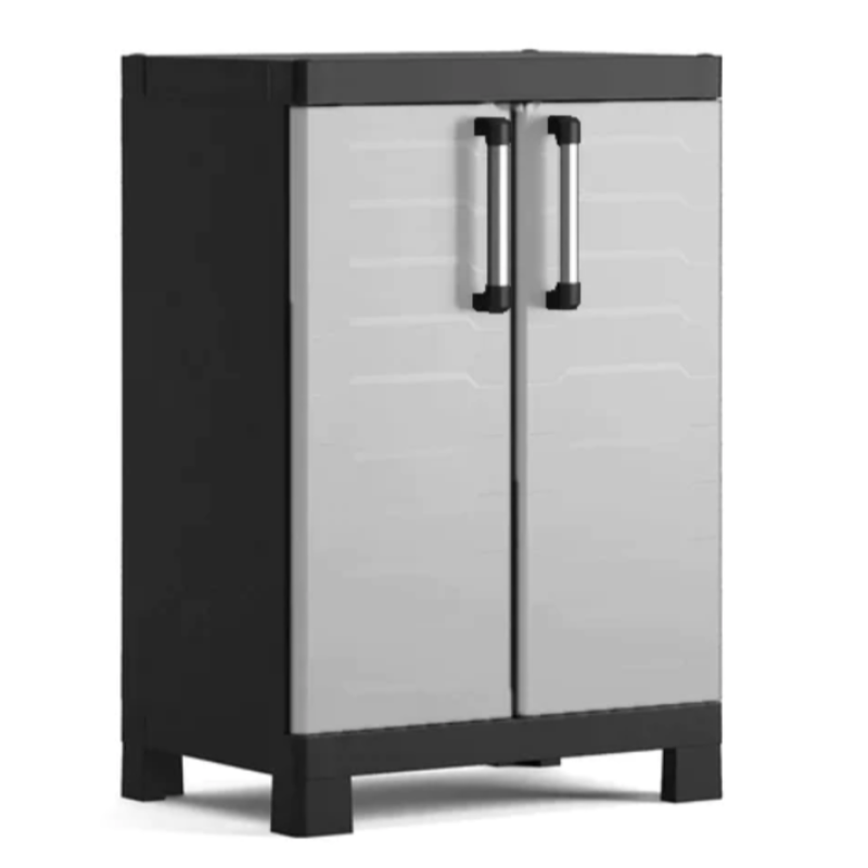 Dulap depozitare pentru exterior KETER Detroit Basso 96351000, negru-gri, din polipropilena, 65 x 45 x 97 cm, manere aluminiu, picioare reglabile