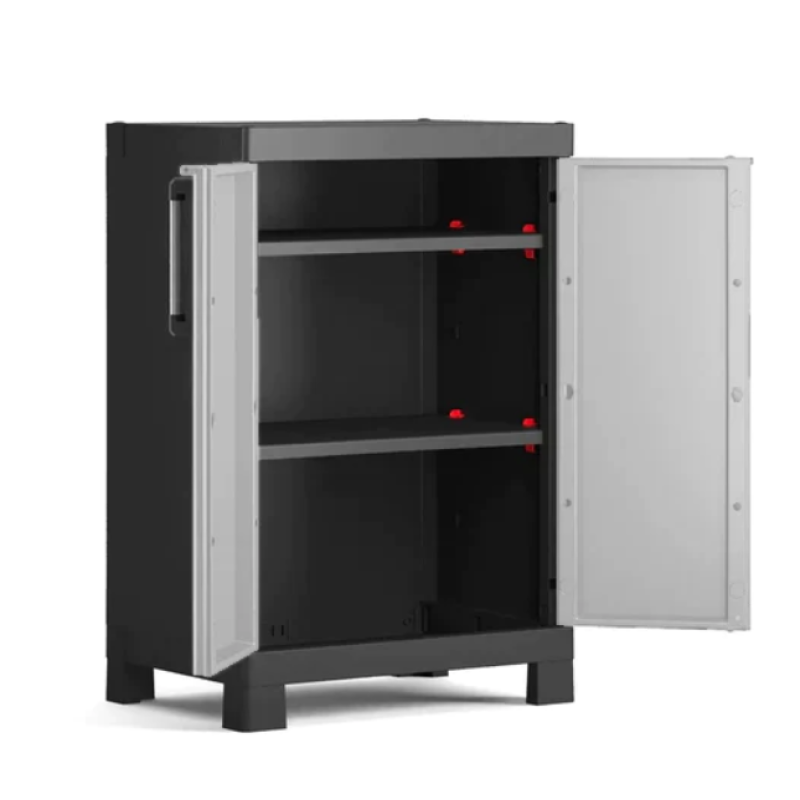Dulap depozitare pentru exterior KETER Detroit Basso 96351000, negru-gri, din polipropilena, 65 x 45 x 97 cm, manere aluminiu, picioare reglabile