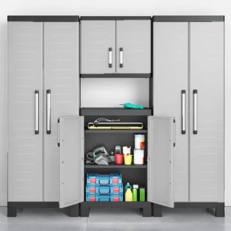 Dulap depozitare pentru exterior KETER Detroit Basso 96351000, negru-gri, din polipropilena, 65 x 45 x 97 cm, manere aluminiu, picioare reglabile