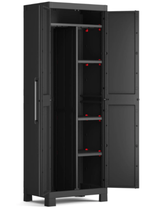 Dulap depozitare pentru exterior KETER Detroit Multi Purpose 9636100, negru, din polipropilena, 65 x 45 x 182 cm, manere aluminiu, picioare reglabile