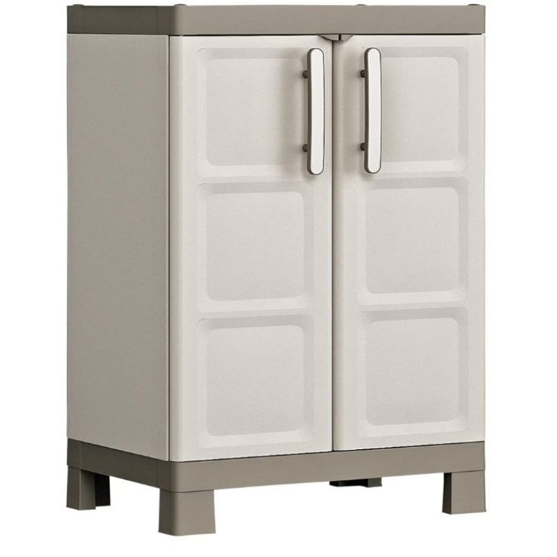Dulap depozitare pentru exterior KETER Excellence Base 9709000, bej-gri, din polipropilena, 65 x 45 x 97 cm, manere aluminiu, 2 rafturi reglabile