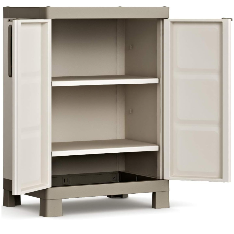 Dulap depozitare pentru exterior KETER Excellence Base 9709000, bej-gri, din polipropilena, 65 x 45 x 97 cm, manere aluminiu, 2 rafturi reglabile
